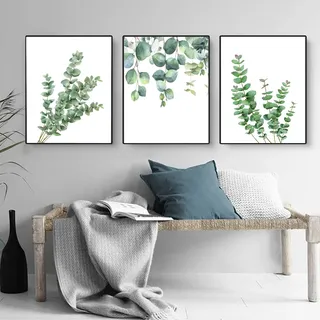 Trayosin 3-teiliges Poster Set, Moderne Boho Natur Wandbilder, Grün Pflanzen Eukalyptus Bilder Set, Leinwand Malerei Poster Wanddeko für Wohnzimmer Schlafzimmer, ohne Rahmen (30x40cm)