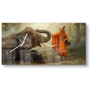DEQORI Wanduhr 'Buddhist berührt Elefant' (Glas Glasuhr modern Wand Uhr Design Küchenuhr) grau|orange 60 cm x 30 cm