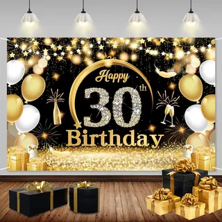 ZAHRVIA 30. Geburtstag Banner Schwarz Gold, Premium Stoff Geburtstagsdeko mit Metallösen, Wiederverwendbarer Hintergrund für 30. Geburtstagsparty Deko, Geschenk für Mann, Frau
