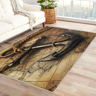 Teppich Maritim - Teppich Wohnzimmer Schlafzimmer Ankermotiv, Großer Teppich Vintage Nautische, Weich Kurzflor & Waschbar & rutschfest Wohnzimmerteppich, Kinderteppich, Bettvorleger 160x230 cm