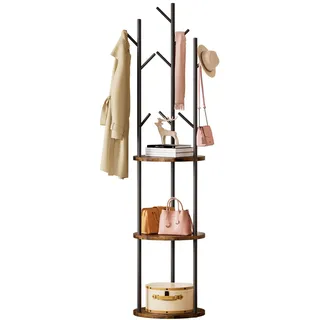 Yorbay Garderobenständer, Garderobe in Baumform, Kleiderständer aus Holz Metallrahmen, 9 Haken, 3 Ablagen, Kleiderstange Jackenständer Baumförmige, für Schals Jacken Taschen, für Flur Büro Wohnzimmer