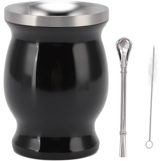 Natürliche Kürbis-Teetasse, 230 Ml/7,7 Oz Doppelwandiges Teetassen-Set, Traditionelle Mate-Tasse mit Strohlöffel und Reinigungsbürste Zum Kaffeetrinken (schwarz)