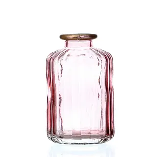 Mini Glas Vase mit Rillen für Blumen Glasflasche mit Goldrand rosa