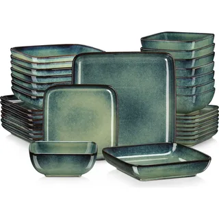 Tafelservice Steingut, vancasso 32-tlg Kombiservice, Vintage Geschirrset, Müslischalen, Suppenteller, Dessertteller und Speiseteller für 8 Personen - Grün