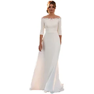 Vintage Brautkleid, 3/4 Ärmel Brautkleid Schulterfrei Satin Brautkleid mit Reißverschluss Hinten, WZEFEIO, Weiß, 16 Large sizes