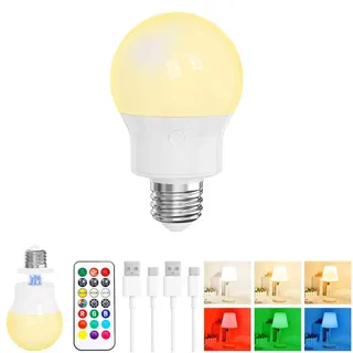 LED Aufladbare Glühbirne mit Fernbedienung, Magnetischer Sockel E27 1 Stück | 2600mAh Batterie, USB-C, Dimmbar, 3 Farbtemperaturen, 9 RGB Farben, 2 Modi, 3 Timer, Akku Glühbirne Für Lampe ohne Strom