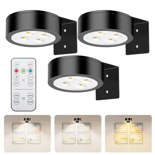 Bilderleuchte Kabellos, Dimmbare Bildbeleuchtung mit Fernbedienung & Timer, USB Aufladbar Bilderleuchte, Magnetisch LED Spot Akku für Vitrinenbeleuchtung Bildbeleuchtung Dart Beleuchtung (Schwarz*3)