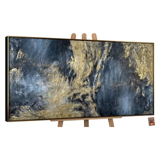 YS-Art Gemälde Spiegelungen II, Leinwandbild Abstrakt in Blau und Gold mit Rahmen blau
