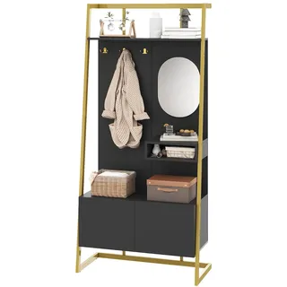 Kompaktgarderobe Black 180x78x38 cm mit Spiegel, Metallhaken und Schuhabteil, Soft-Close-Türen, Offenes Regal für Dekor