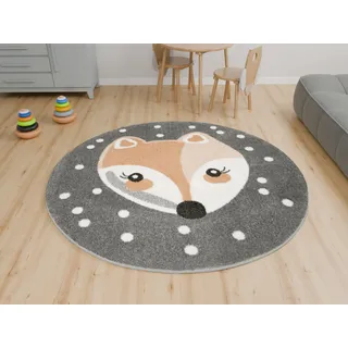 AKCILA Runder Kinderteppich Lima Fox grau 160 cm, Teppich für ein Kinderzimmer, kurzer Flor, für Jungen und Mädchen, Kinderteppich, Spielteppich