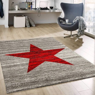 VIMODA Stern Muster Teppich Rot Grau Stylish Accessoire, Maße:60x110 cm