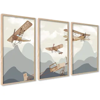 3er Set Poster 30x40cm Wanddeko Wohnzimmer Ideal als Geschenk Schlafzimmer | Kinder MIT HOLZ RAHMEN Flugzeug auf den Bergen für Kinder Babyzimmer Kinderzimmer Wanddeko, Modernes Design, Einfache Montage