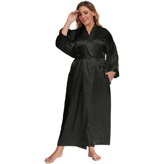 feslieacc Damen Plus Size Lange Satin Bademäntel Übergröße Lange Seide Bademäntel Kimonos Nachtwäsche Morgenmantel, Schwarz, 4XL/5XL - 4XL-5XL Große Größen