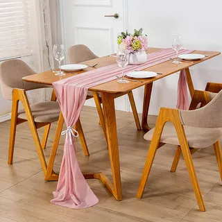 Swsen Chiffon Tischläufer Rosa 300 x 70 cm, Hochzeit Tischläufer Waschbar - Romantischer Hochzeitsläufer für Hochzeit, Geburtstag, Brautdusche, Babyparty, Tischdekoration