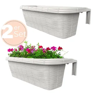 GarPet 2x Blumenkasten Balkongeländer Balkon Blumenkasten Balkonkasten mit Halterung Geländerkasten mit Wasserspeicher Rattan Optik Weiß 60 cm