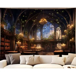 QGHOT Bibliotheks-Wandteppich, Märchen, Magie, Schule, Bücherregal, Wandkunst, mittelalterliches Zimmer, Arbeitszimmer, magisches Buch, Wandteppich für Teenager, Schlafzimmer, Wohnzimmer, Wohnheim