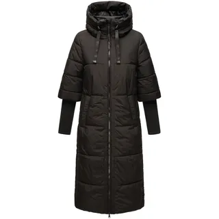 Navahoo Damen, Wintermantel Warmer Steppmantel lang mit Kapuze und Rippstrickärmeln Ciao Miau XIV Black Gr. XS - XS