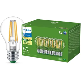 Philips Ultra Efficient LED Glühbirne, E27, Klar, 6er Pack | Energiesparlampe mit Energieeffizienzklasse A, Warmweiß 2700 K, 60 W