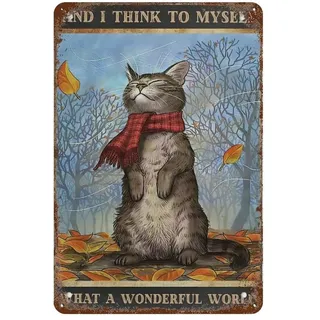 Retro Metall Blechschild Herbst Blätter und Katze What A Wonderful World Poster Herbstblätter Wandkunst,Home Bar Pub Shop Dekorationen Esszimmer Küche Kaffee Vintage Schild Geschenk,15 x 30 cm -639