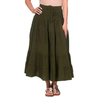 KUNST UND MAGIE Stufenrock Sommerrock Damen Rock Baumwolle – Boho Maxirock mit elastischer Taille grün