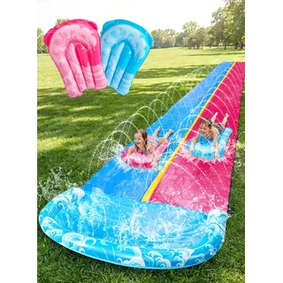 JOYIN 32,5ft/990.6cm Wasserrutsche und 2 aufblasbare Boards, extra Lange Doppel-Garten-Wasserrutsche mit Sprinkler für Kinder und Erwachsene, Sommer-Wasserspielzeug für den Garten, Blau, Rosa