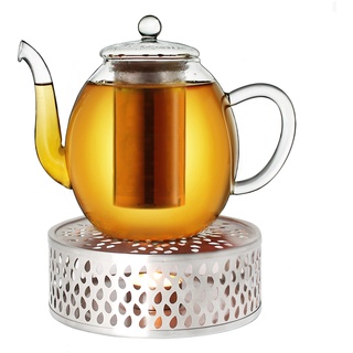 Creano Teekanne aus Glas 1,0l + EIN Stövchen aus Edelstahl, 3-teilige Glasteekanne mit integriertem Edelstahl Sieb und Glasdeckel, ideal zur Zubereitung von losen Tees, tropffrei