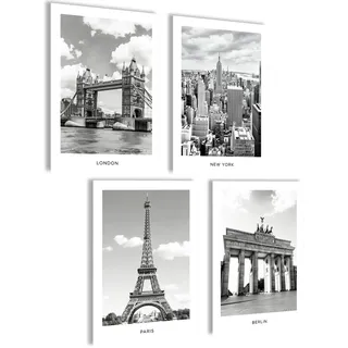 Mojoliving Bild Schwarz-Weiß New York und Berlin – Wandbild Taxi und Horizontlinie – Poster London Paris
