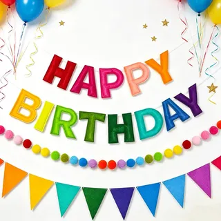 3D-Happy Birthday-Banner aus Filz mit Buchstaben & Filzkugeln | Wimpelkette Geburtstag-Pompon Girlande-Wiederverwendbares Regenbogen Happy Birthday Party Deko Banner-für Party Baby Shower