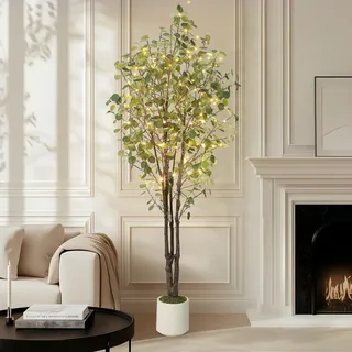 Kunstpflanze Eukalyptus mit LED Lichtern, 210 cm Hoch Künstliche Pflanze Eukalyptus Deko für Drinnen Draußen, Modern Decor Kunstpflanzen Plastikpflanzen Im Weiß Topf für Home Schlafzimmer Büro Garten