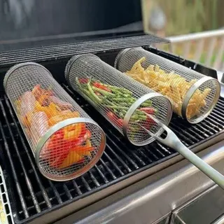 2099 Cm Großer, Rollbarer Grillkorb Aus Edelstahl Für Den Grill, Inklusive Zylindrischem Grillkorb Für Grillmesser Und 3-teiligem Zubehör Für Pommes Frites.