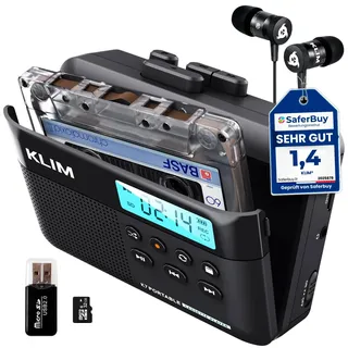 KLIM K7 Kassettenspieler - Cassette Gerät - Kassetten Digitalisieren - Tragbarer Kassettenrekorder - Mikrofon & Lautsprecher - Wiederaufladbarer Aufladbar - Stereoausgang - 16GB SD-Karte - Schwarz