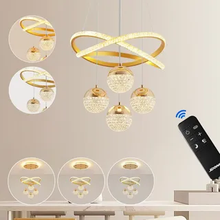 LED Kristall Kronleuchter 54W Einstellbare Edelstahl Pendelleuchte Dimmbare mit Fernbedienung Hängelampe für Schlafzimmer Wohnzimmer Esszimmer, R... - Gold