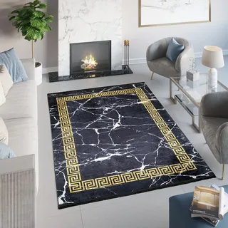 TAPISO Toscana Teppich Bedruckt Schwarz Gold Marmor 120 x 170 cm | 100% Polyester, 6 mm Florhöhe, bedruckt
