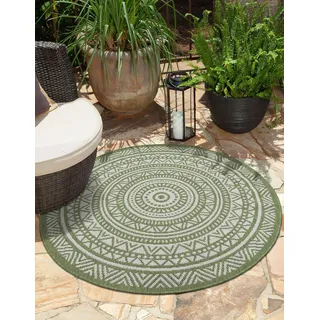 the carpet Mistra – Outdoor Teppich, Wetterfest, UV-beständig & pflegeleicht, für Balkon, Terrasse & Garten, auch für Wohnzimmer & Schlafzimmer geeignet, Grün Mandala, 120 cm Rund