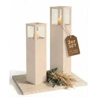 BENTSON Windlichtsäule Schattenweiß Design, 2er Set, 95cm + 75cm | Deko-Säule für Garten im Industrial Design, Garten Windlicht für draußen und drinnen, Laterne draußen, Eckig