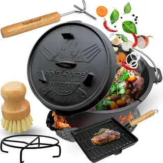 holz4home® Dutch Oven Set I 9L aus Gusseisen I inkl. Pfanne, Topfständer, Deckelheber Reinigungsbürste
