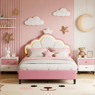 Polsterbett 90x200 cm, Kinderbett 90x200, Kronenförmiges Prinzessinnenbett, Bettgestell für Mädchen, mit verstellbares Kopfteil, Flanellstoff, Rosa(90 x 200 cm)