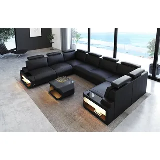 Sofa Dreams Wohnlandschaft Leder Couch Sofa Siena U Form Ledersofa, U-Form Ledersofa Wohnlandschaft mit LED-Beleuchtung und USB schwarz