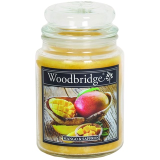 Woodbridge Duftkerze im Glas mit Deckel | Mango Saffron | Duftkerze Fruchtig | Kerzen Lange Brenndauer (130h) | Duftkerze groß | Kerzen Gelb (565g)
