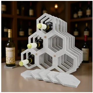Hexim Weinregal, 37,5x36cm Holz & Filz Weinhalterung Flaschenhalter für 6 Flaschen mit Untersetzer stehend oder liegend - weich gepolstert Flaschenregal Flaschen Organizer Weinregal Getränkehalter