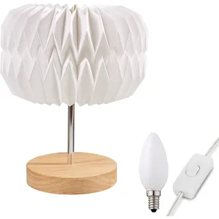 hellum Tischlampe mit Design Papier Lampenschirm mit LED Glühbirne, Weiß Papierschirm mit Fuß aus Holz und Metall. Deko Tischleuchte mit 1,5m Kabel mit Stecker mit Schalter, Höhe 32 cm 578164