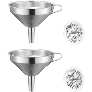 Orssmigs 2 Stück Edelstahl Trichter Küche 11cm Klein Trichter mit Sieb, Große Öffnung Marmeladentrichter, Einmachtrichter Abnehmbarem,Spülmaschinengeeignet für die Übertragung von Flüssigen,Kochölen