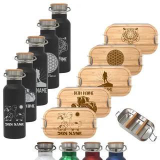 Brotdose 700ml mit Fächern und Trinkflasche 500ml aus Edelstahl mit Namen personalisiert, Lunchbox und Isolierflasche für Kinder und Erwachsene Brotbox (Flasche SCHWARZ, Kleine Lunchbox 700ml)