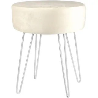 Harbour Housewares 1x Creme/Silber H40 x D35cm Runden Samt-Fußhocker - Klein Wohnzimmer Schminktisch Fußbank Ottomane Sitzpuff Stuhl Sitz