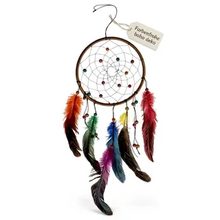 MIJOMA Traumfänger 16 x 30 cm – farbenfrohe Wanddeko mit Federn und Holzperlen – handgefertigter Boho Akzent für Schlafzimmer, Wohnbereich und Meditationsecke
