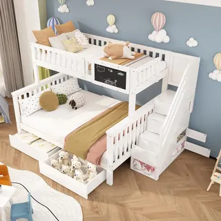 Flieks Etagenbett mit Treppe, Kinderbett 90x200cm/140x200cm mit Lattenrost, Hochbett mit Rausfallschutz, Massivholzbett Stauraumbett mit Schubladen... - Weiß