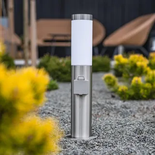 Lumiled Wegeleuchte Außen Pollerleuchte Sockelleuchte mit Steckdose Stehlampe Außenleuchte Gartenleuchte Wegelampe stehend 45cm IP44 Silber Edelstahl E27 Fassung Säulenlampe Pfostenlichter