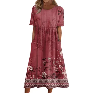 RMBLYfeiye Sommerkleid Damen Lang Rundhals Blumen Bedruckt Kurzarm Abschlusskleid Mit Taschen Hohe Taille Swing Kleid Elegant Abendkleid Plissee Hochzeits Gast A Linien Ballkleider Boho