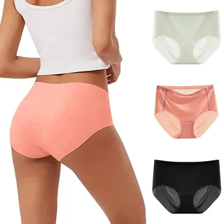Bkazwe 3er-Pack Damen Eisseide Unterwäsche Atmungsaktiv Panties Unterhosen Damen Baumwolle Hohe Taille Slips Damen Seamless Slips Damen Nahtlose Unterhosen Sexy Hipster Unterwäsche (1A-Beige, L) - L