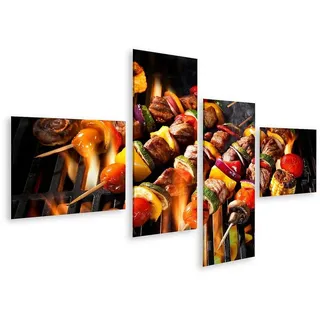 islandburner Leinwandbild Bild auf Leinwand Barbecue Spieße Fleischspieße mit Gemüse auf flammen